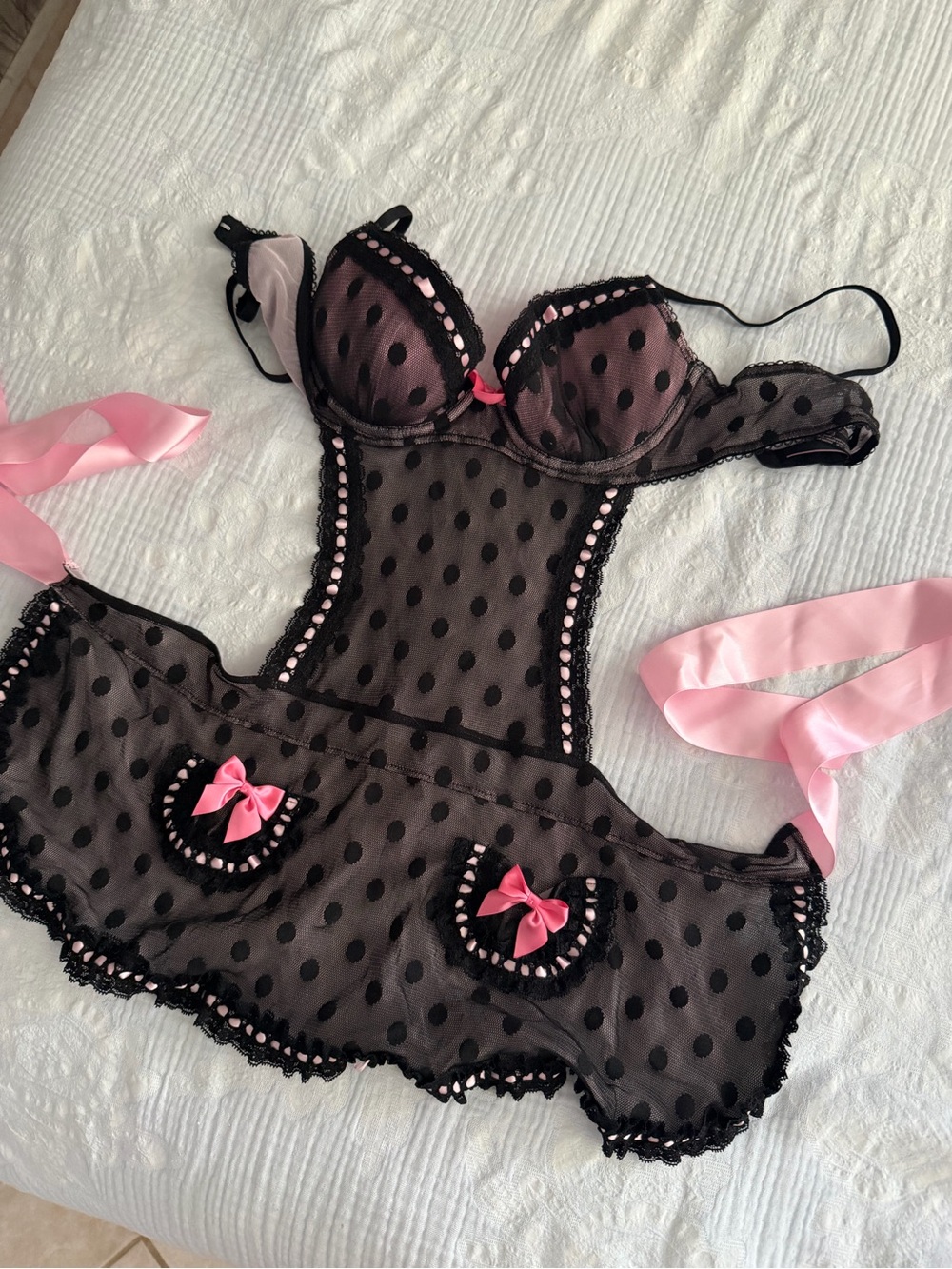 Black Polka Dot Mesh Chemise with Pink Accents